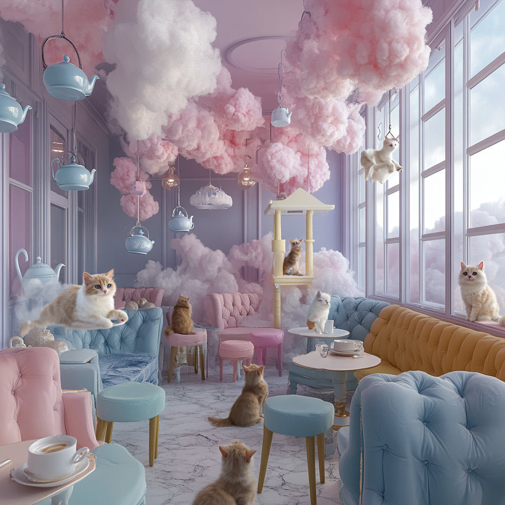 Mischievous cats in pastel café with eccentric décor.