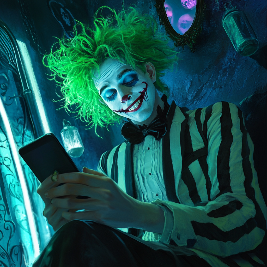 Mischievous man with green hair in striped suit on phone.