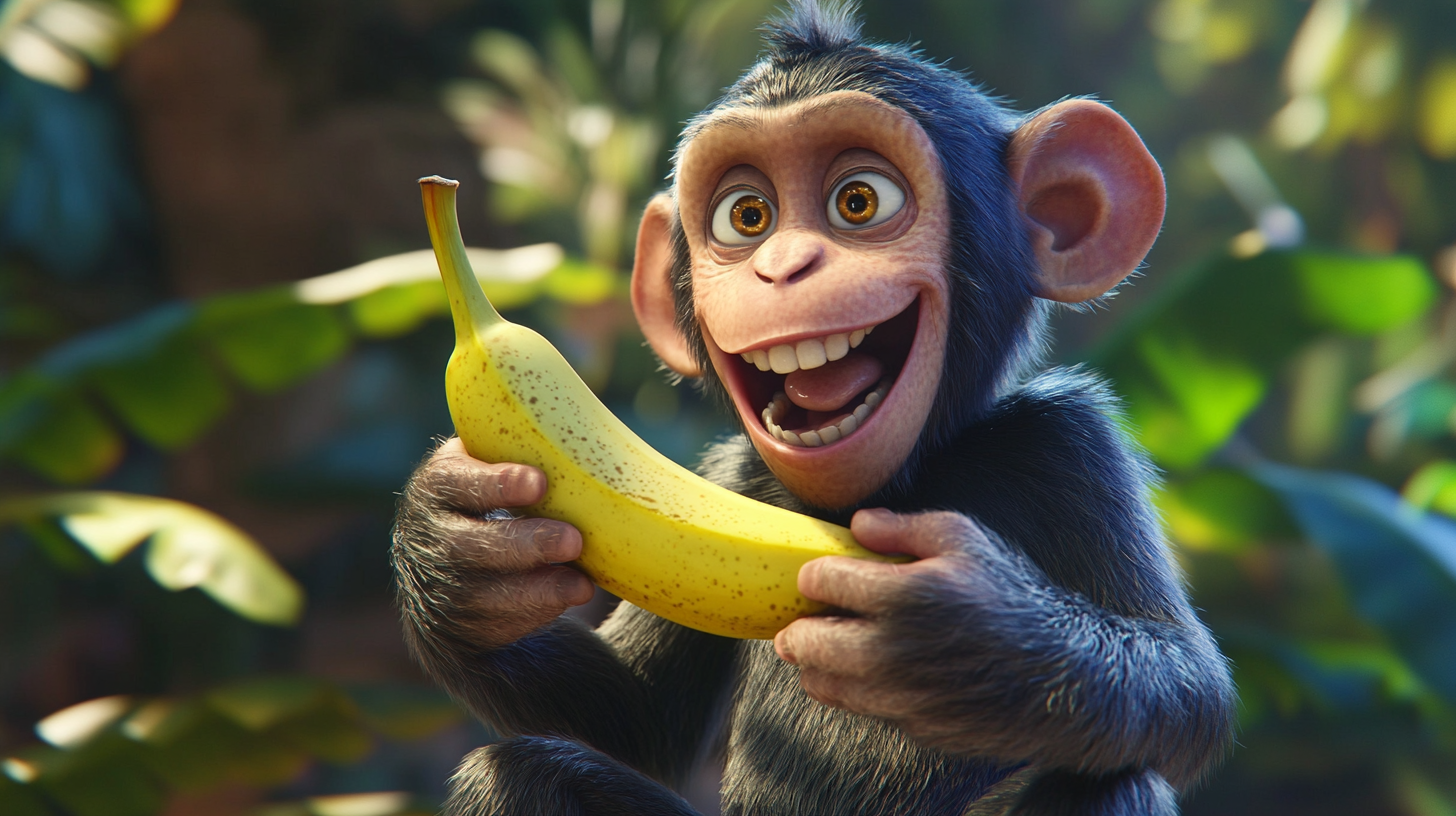 Mischievous monkey Banjo behaves as he eats banana.