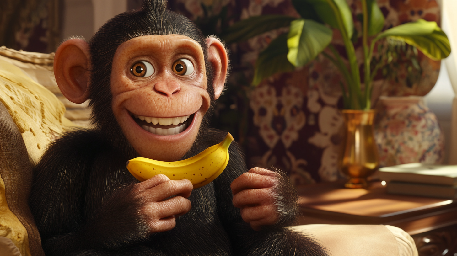 Mischievous monkey with banana behaves in realistic animated living room.