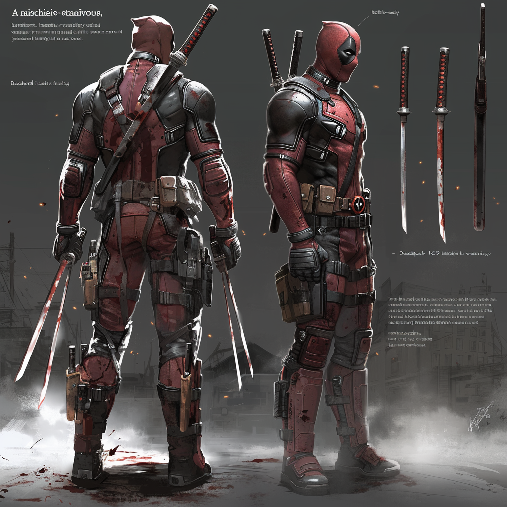 Mischievous superhero Deadpool in red and black suit, ready.