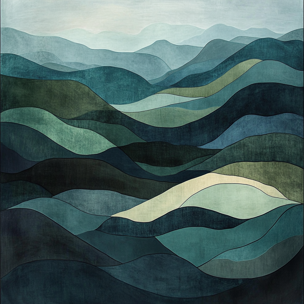 Misty Japanese Mountain Print in Teal and Olive