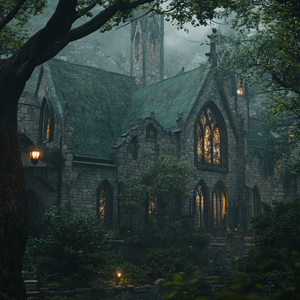 Misty Medieval Abbey in Nordic Forest