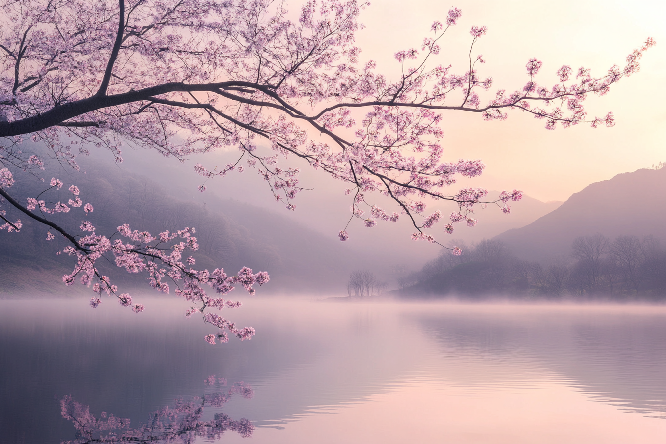 Misty hills over calm lake with cherry blossom branch.