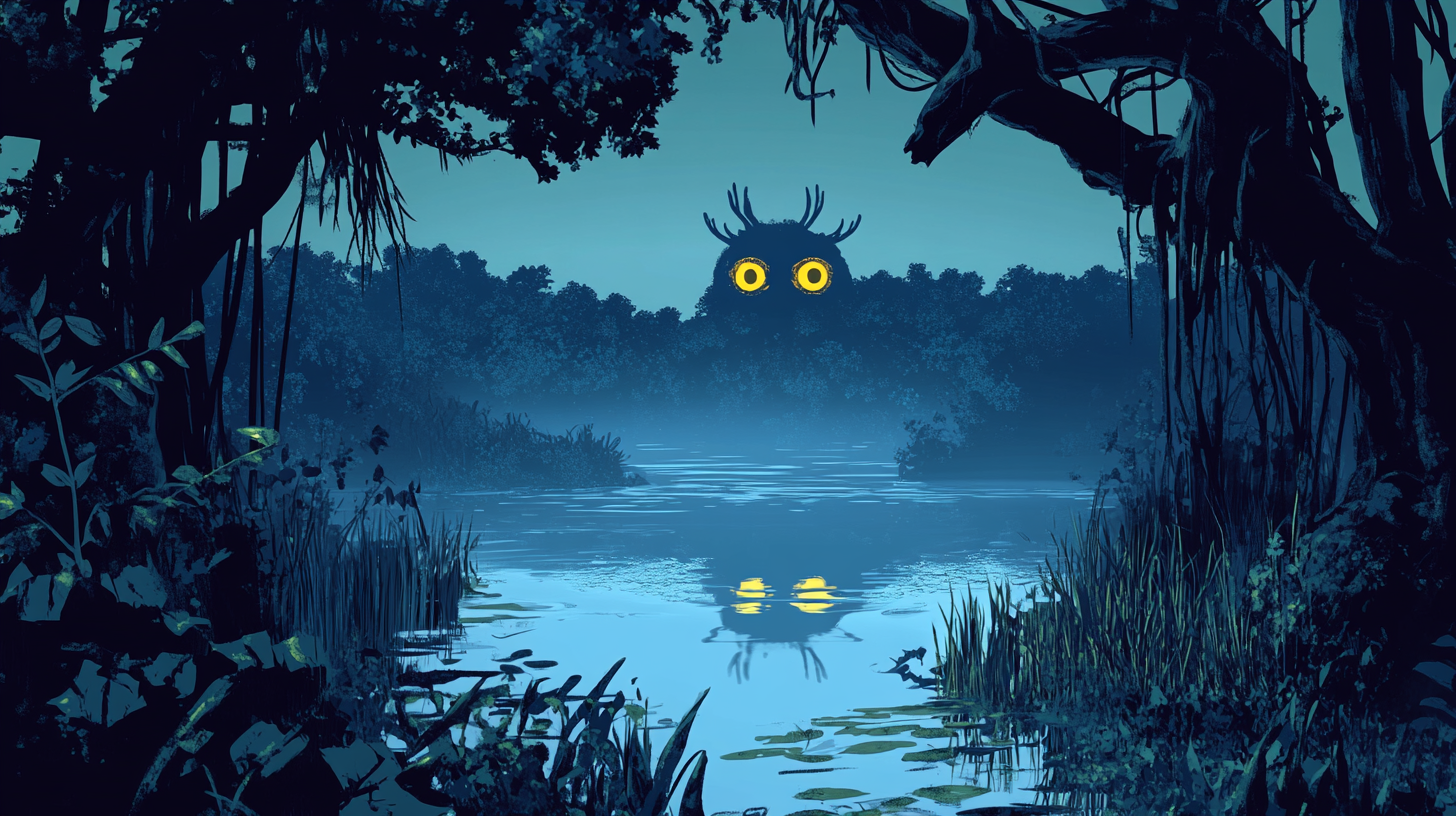 Misty jungle lake at night with glowing eyes.