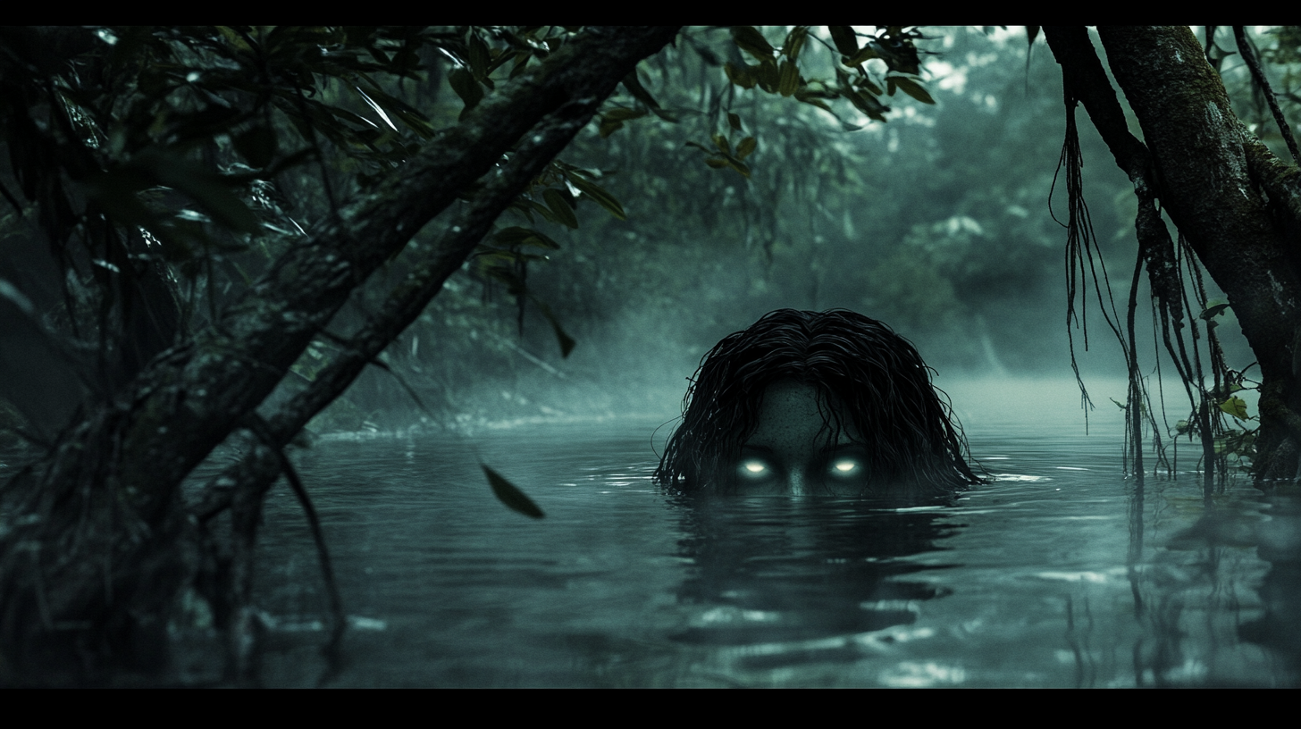 Misty lake at night with glowing eyes, eerie jungle.