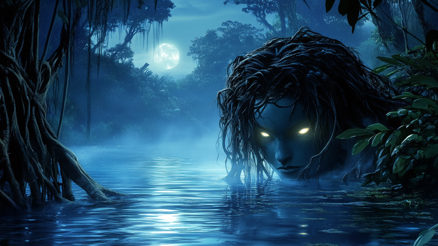 Misty lake with glowing eyes in jungle night.