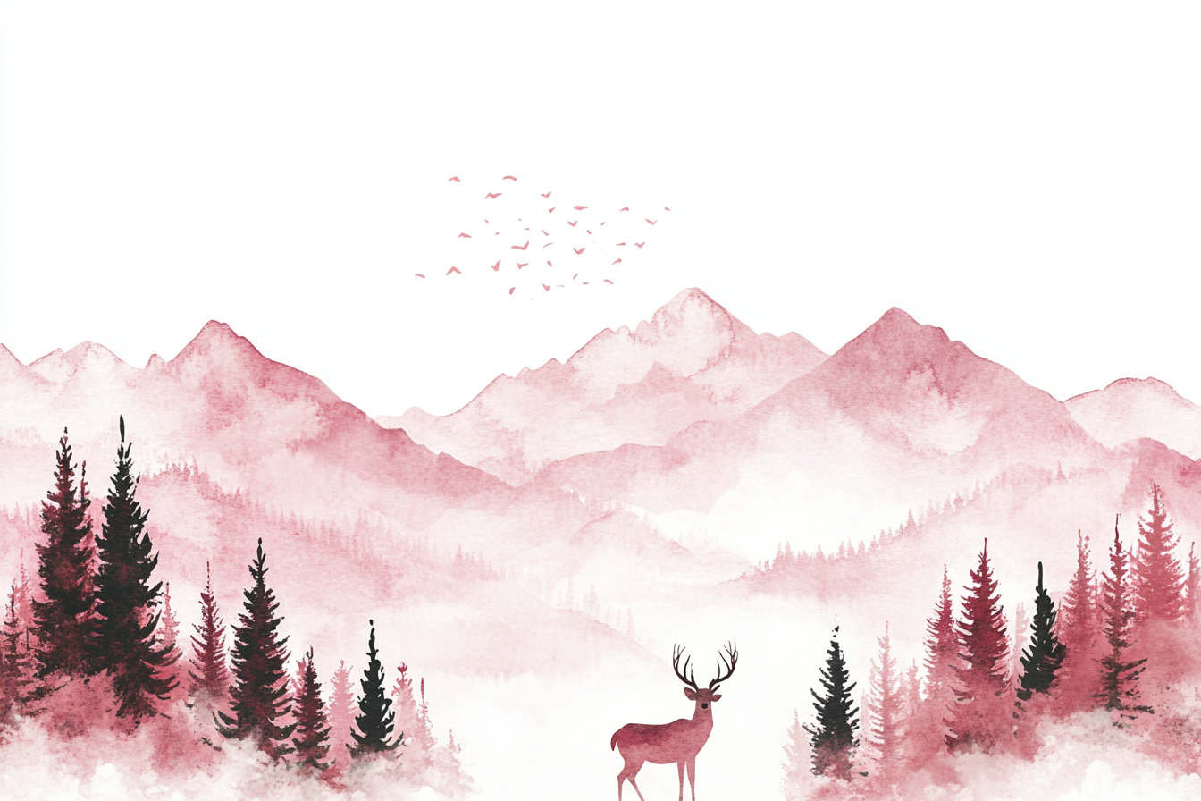 Misty mountains, trees, deer illustration on blank page.