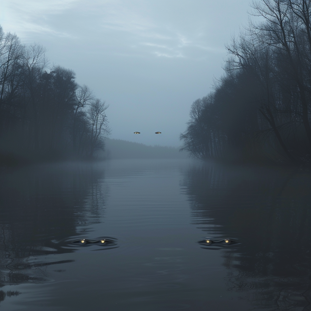 Misty river at dawn with unsettling glowing eyes.