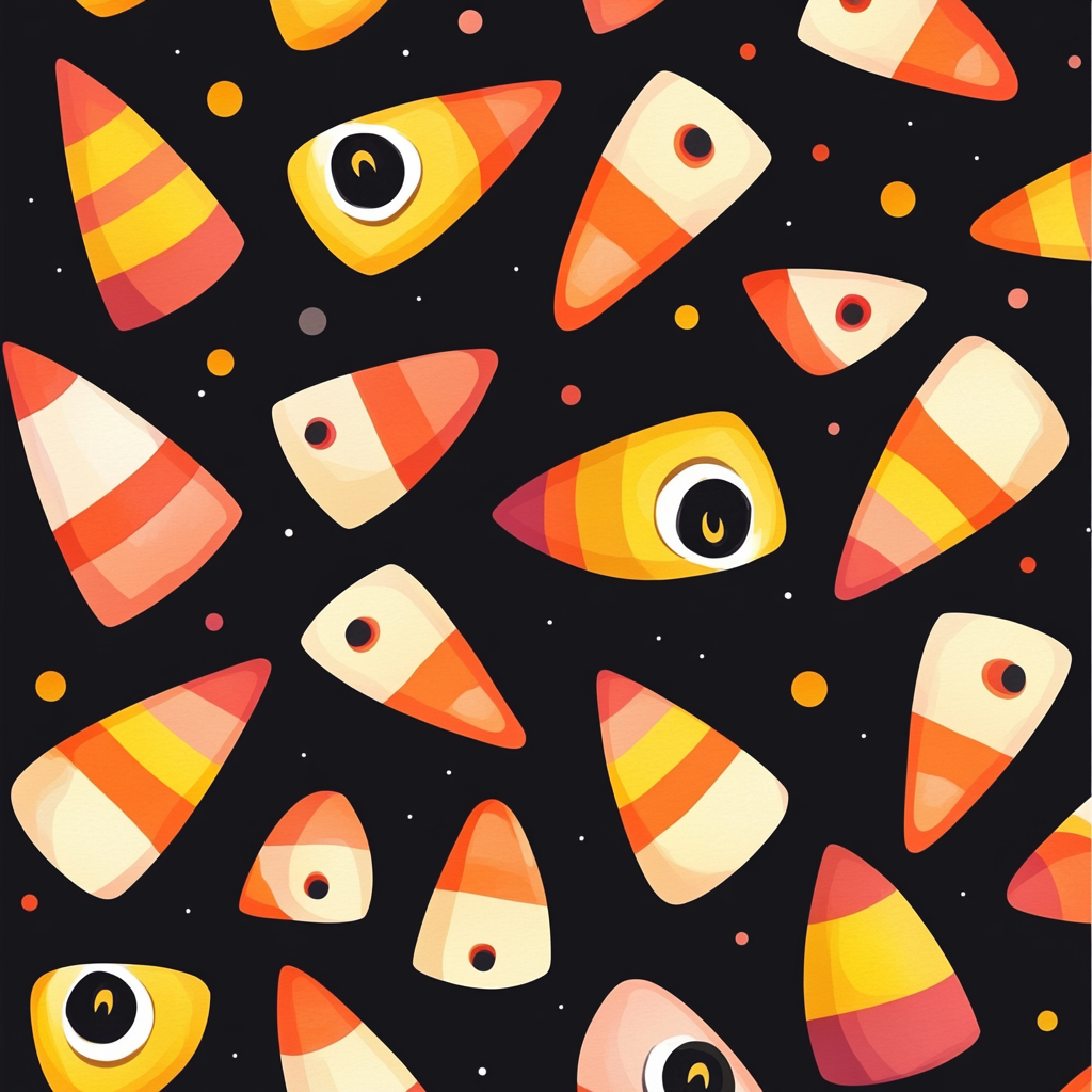 Mixed candy corn and spooky eye pattern, detailed design.