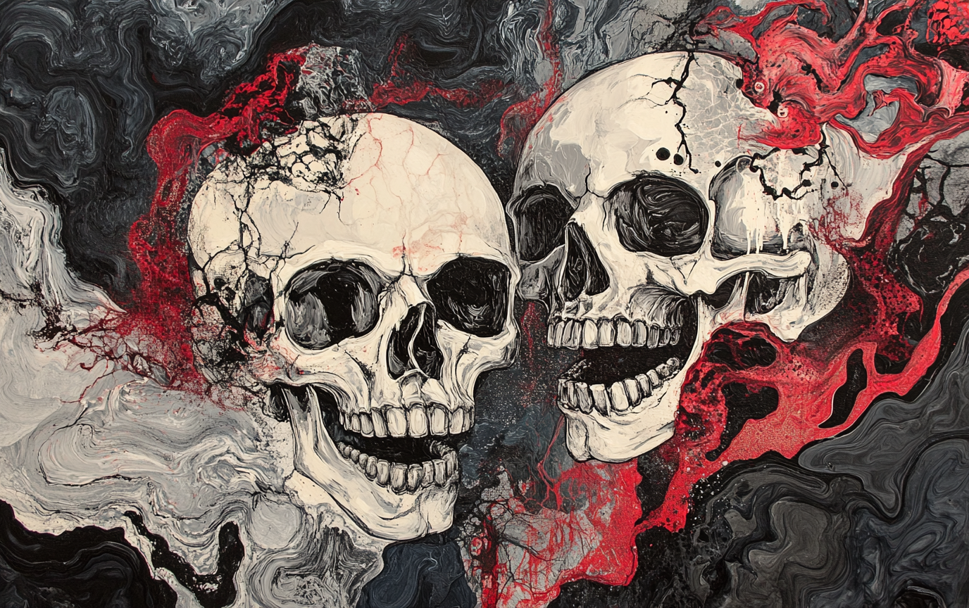 Mixed media artwork with skull motifs in intense colors.