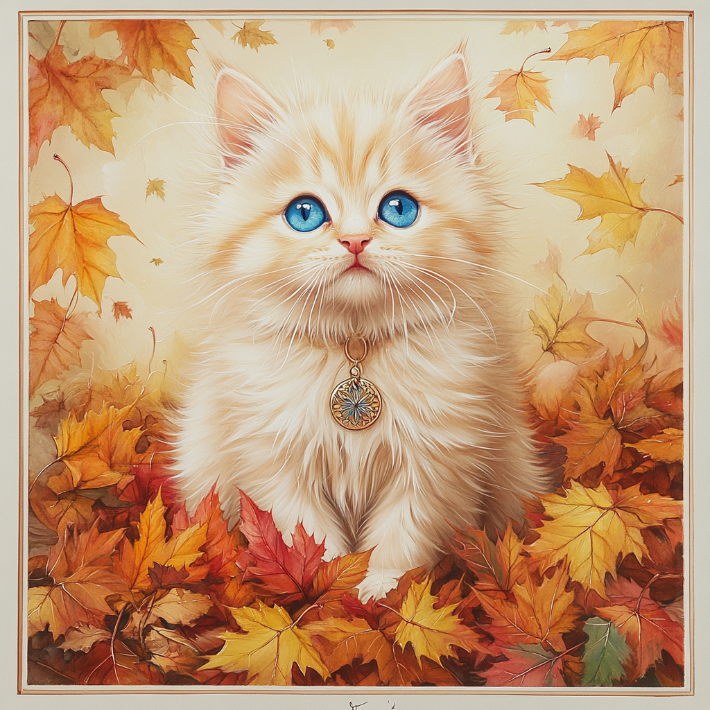 Mixed media painting with blue-eyed kitten in fall leaves.