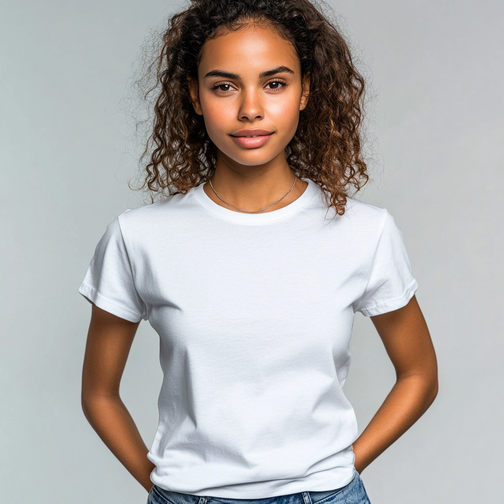 Mixed woman in white t-shirt, no creases, necklace.