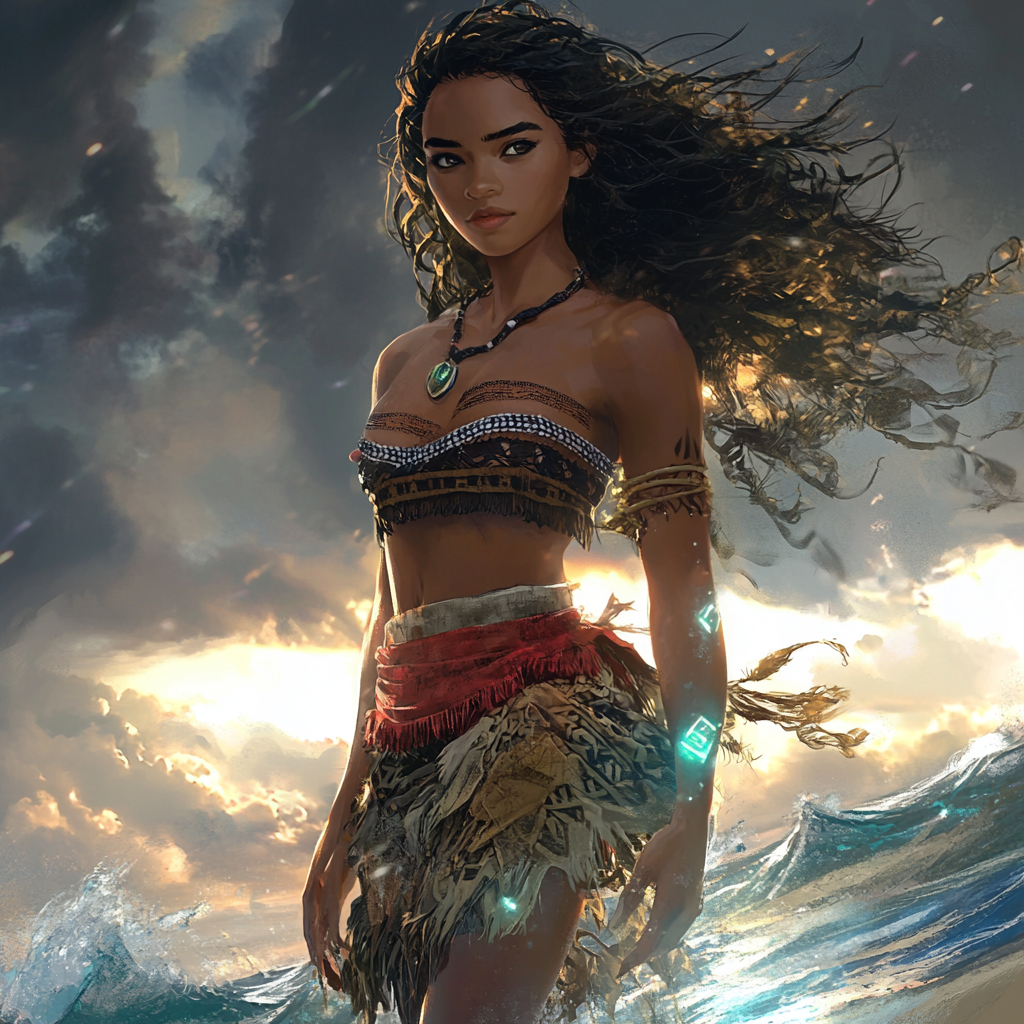 Moana in dark fantasy style with fierce expression.