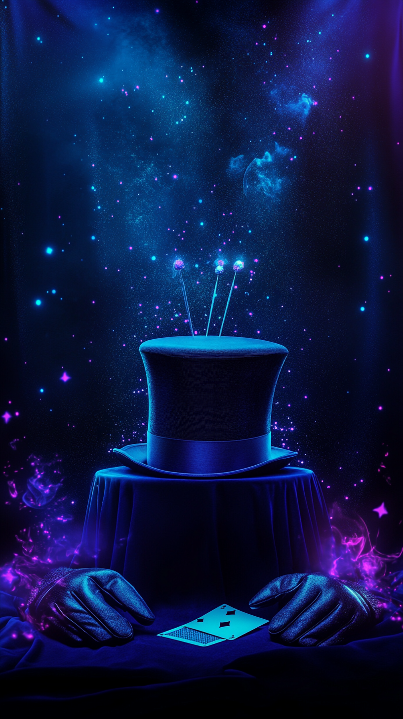 Mobile slide background with magician's top hat and gloves.