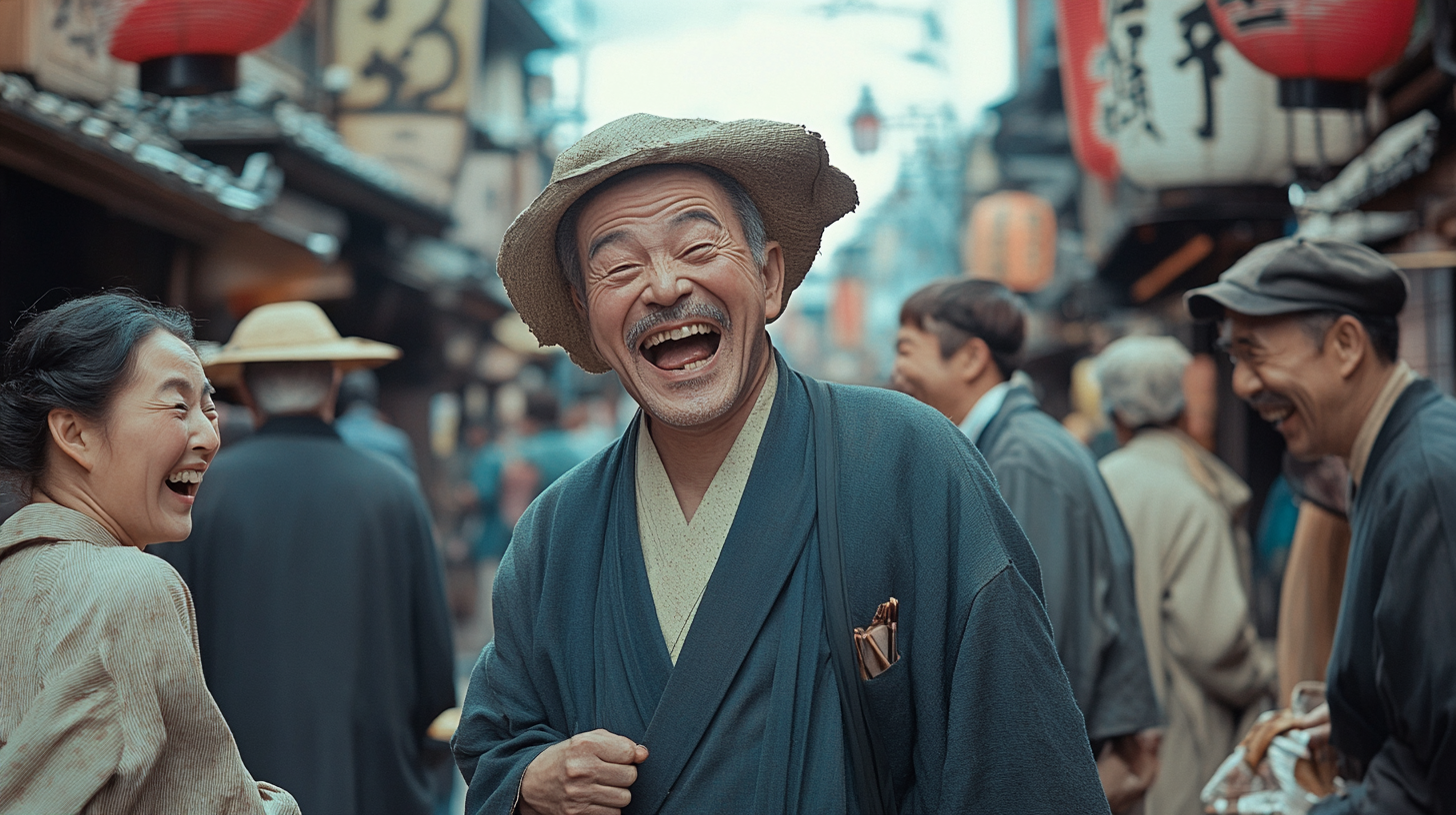 Mocked in Japanese market street, 19th century, Henri Cartier-Bresson style