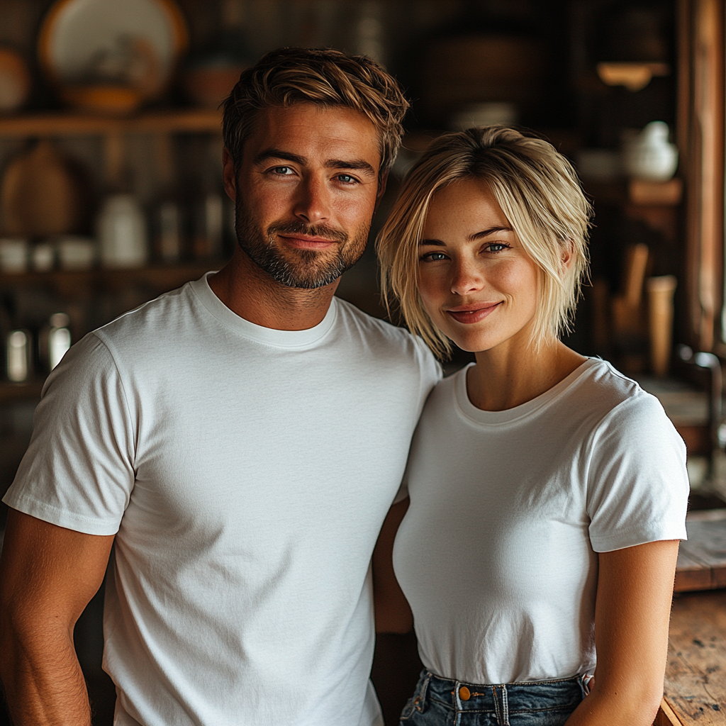 Mockup of couple in modern kitchen for photo shoot.