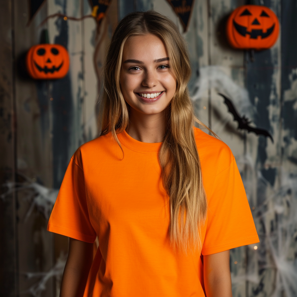 Mockup photo shoot: Smiling 25-year-old white female in orange Gildan 5000 t-shirt, Halloween background.