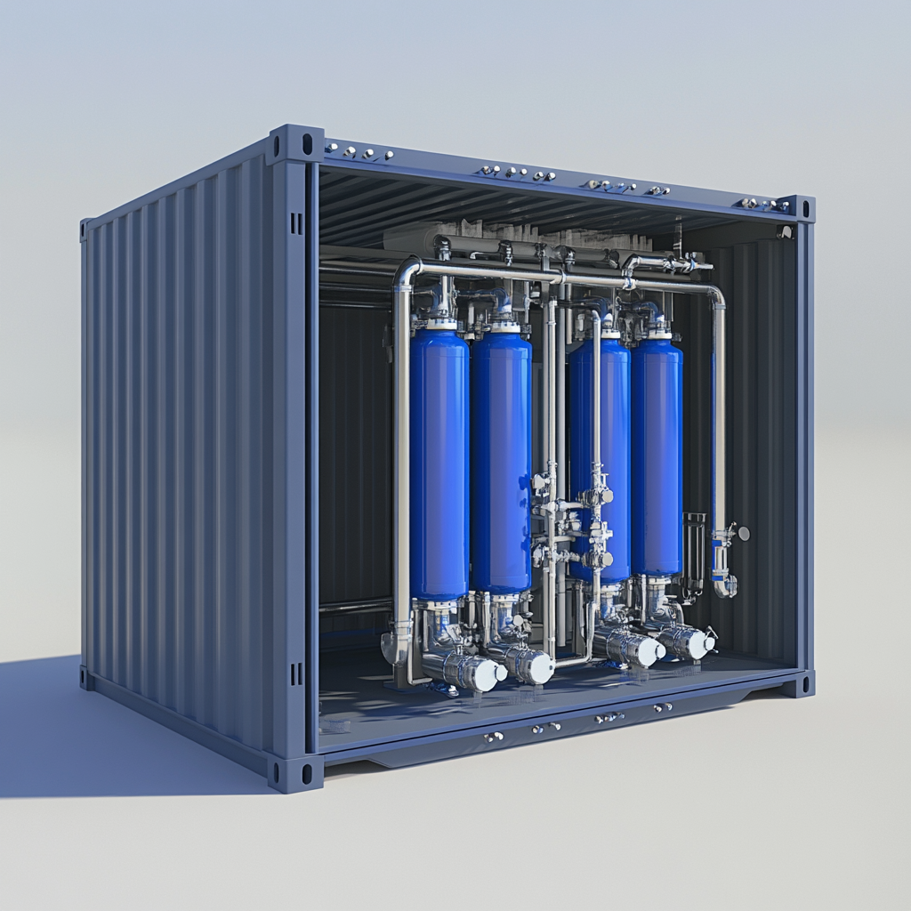 Model 20-foot container with vertical sand filter tanks.