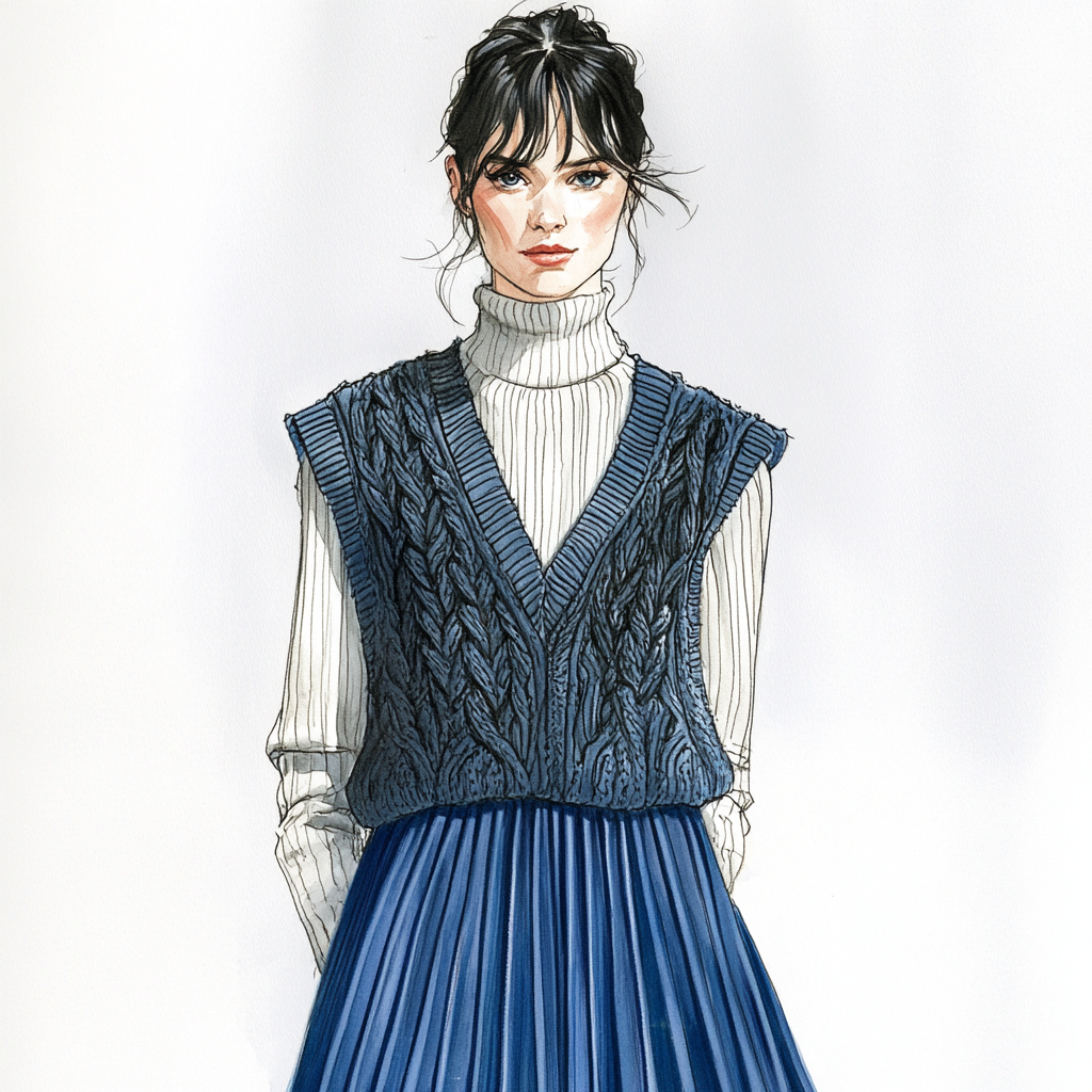 Model in blue pleated skirt wears oversized knit vest.