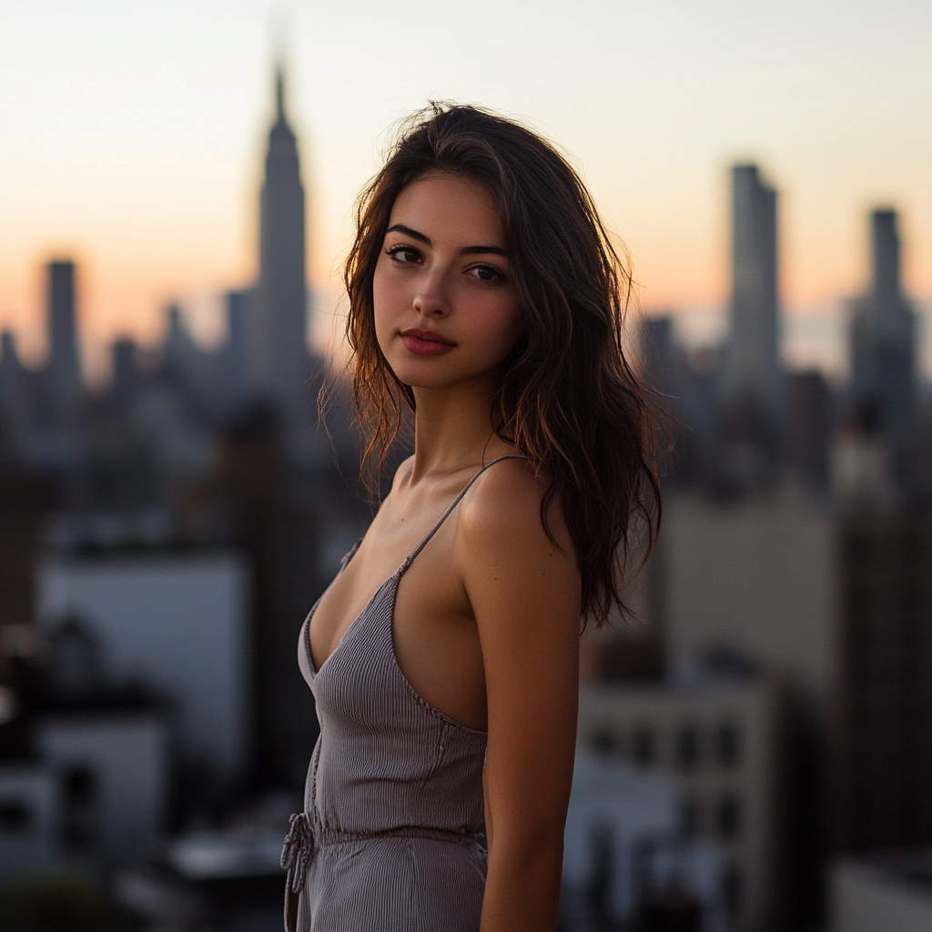 Model in chic city setting during sunset