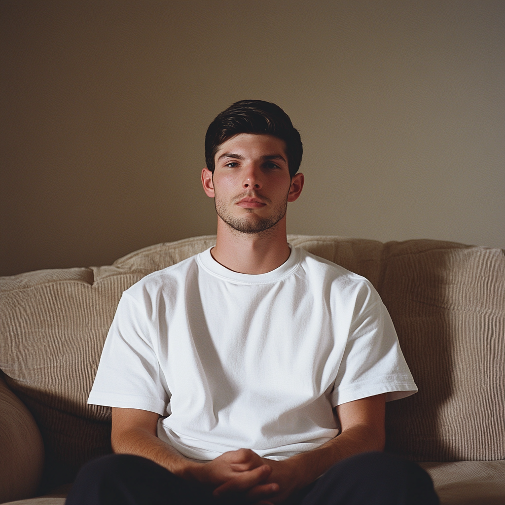 Model man in white tshirt, studio photoshoot, kodak film.