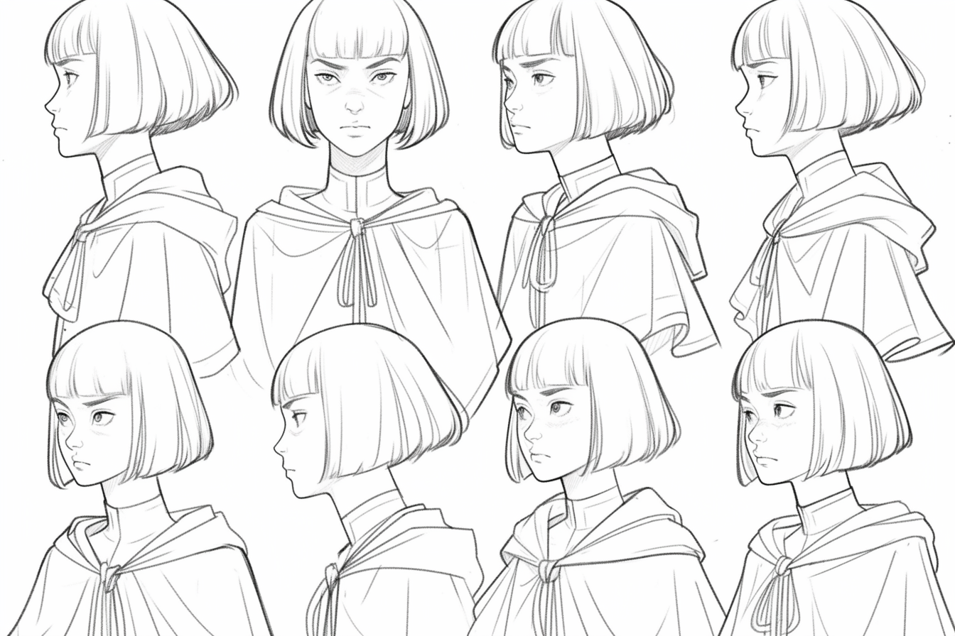 Model sheet woman with Louise Brooks look, bob haircut, poncho, varied emotions, angles, webtoon, comic book style.