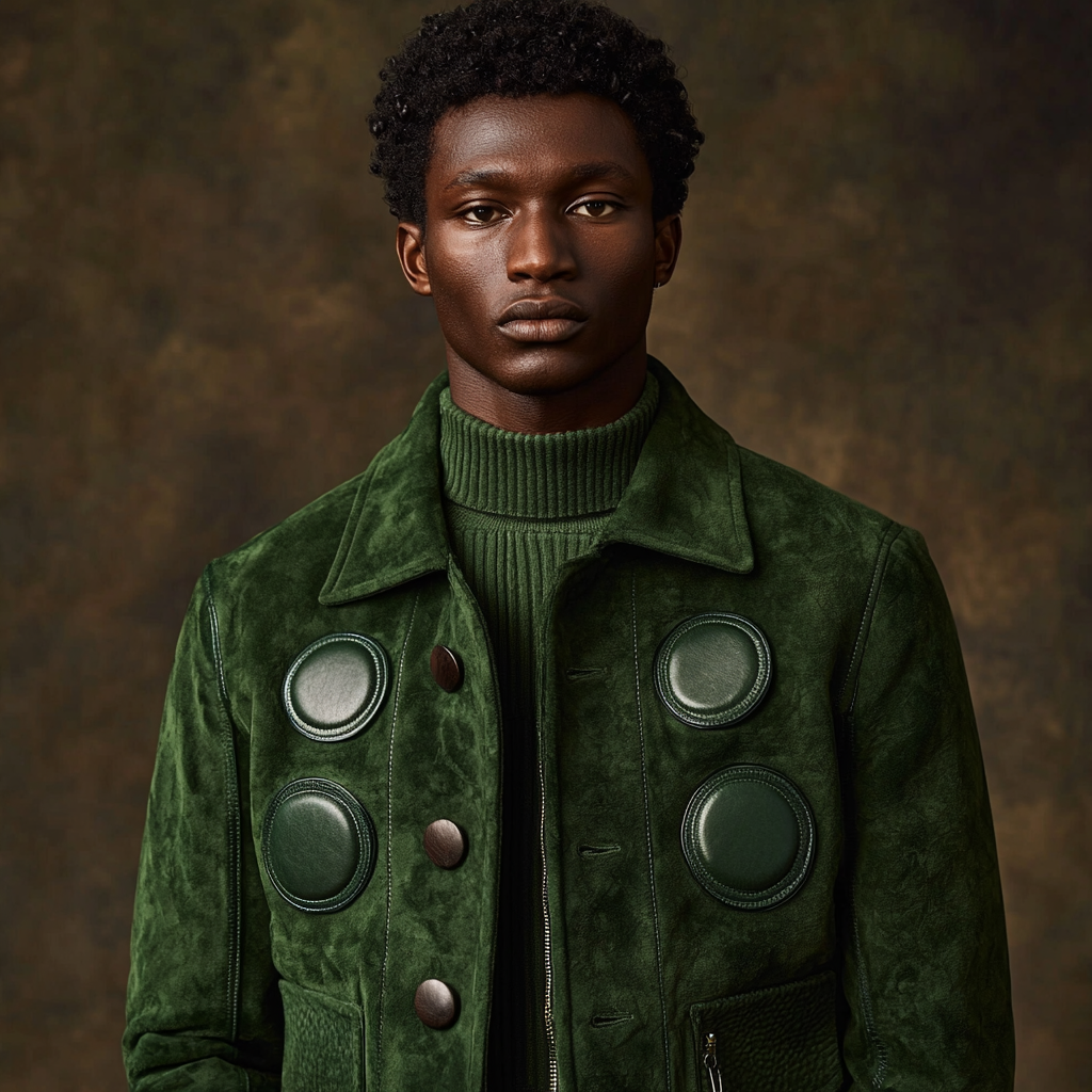 Model wearing green jacket with sphere patches