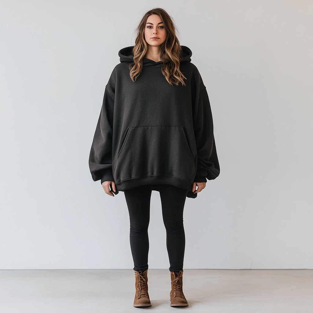 Model wears oversized black hoodie with unique features.