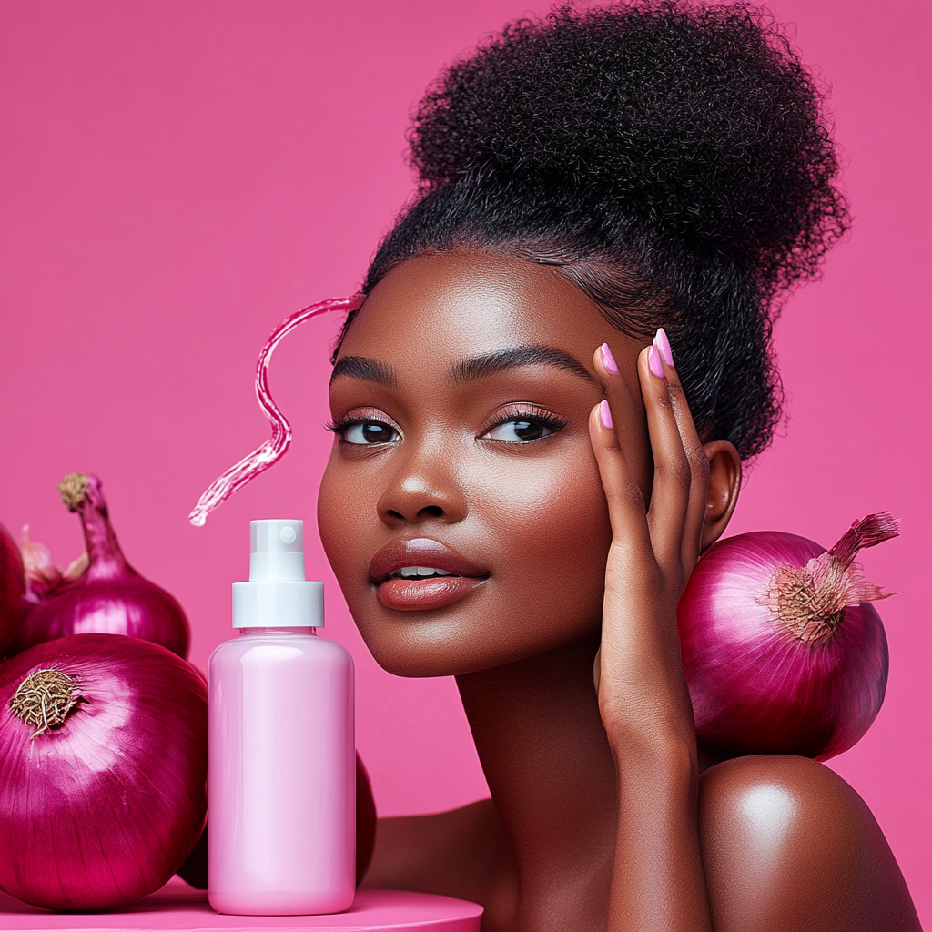 Model with beautiful eyes and hair next to shampoo