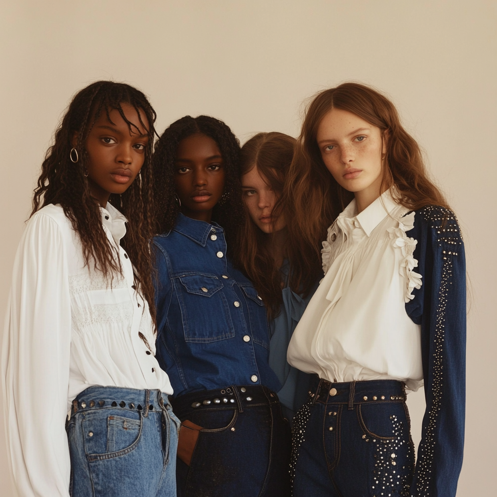 Models in indigo denim and white chiffon shirts.