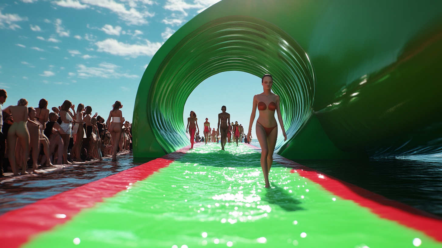 Models sliding down green slip and slide runway.