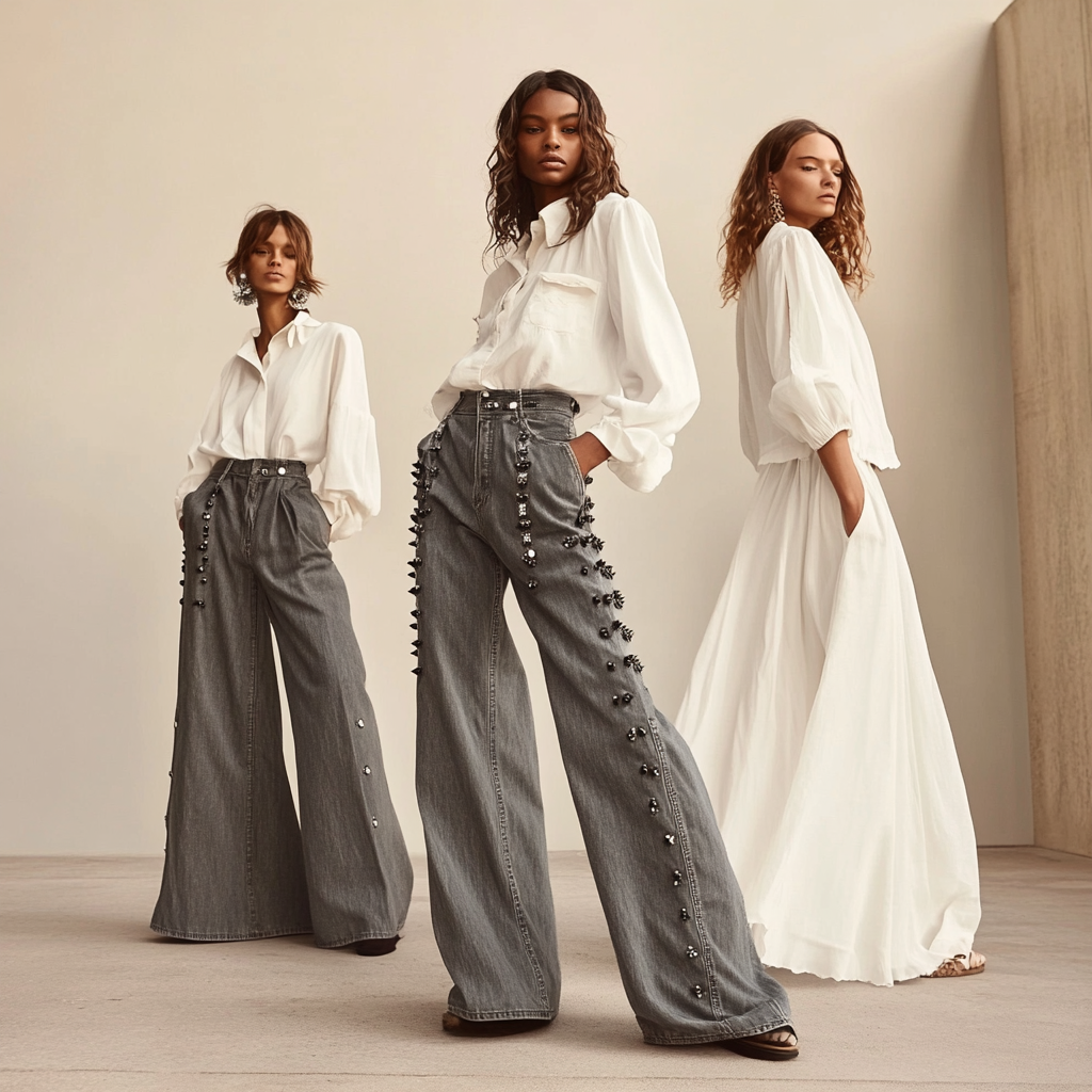 Models wearing studded denim and white chiffon shirts.