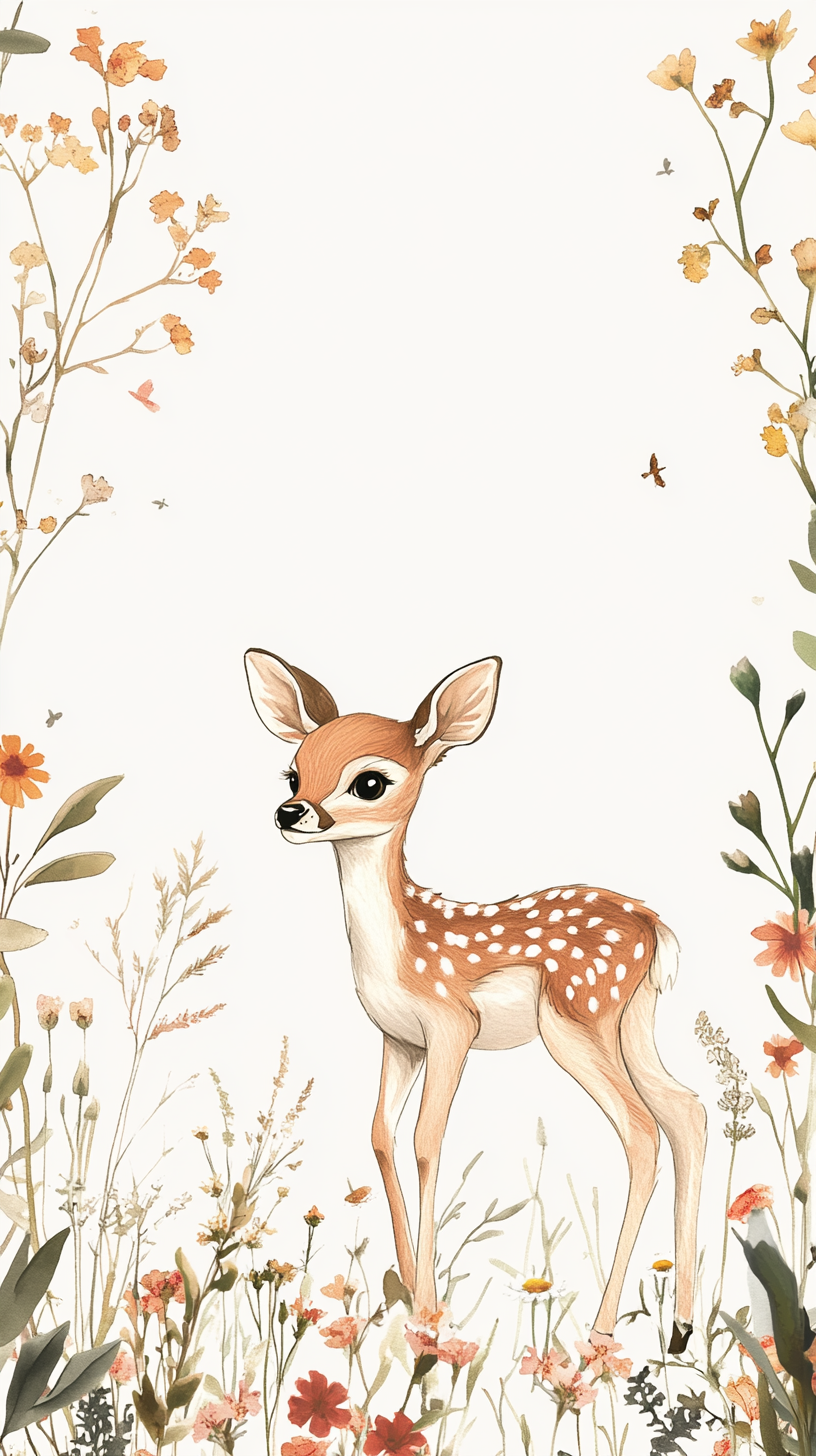 Modern, elegant cover with wildflowers, playful baby deer.