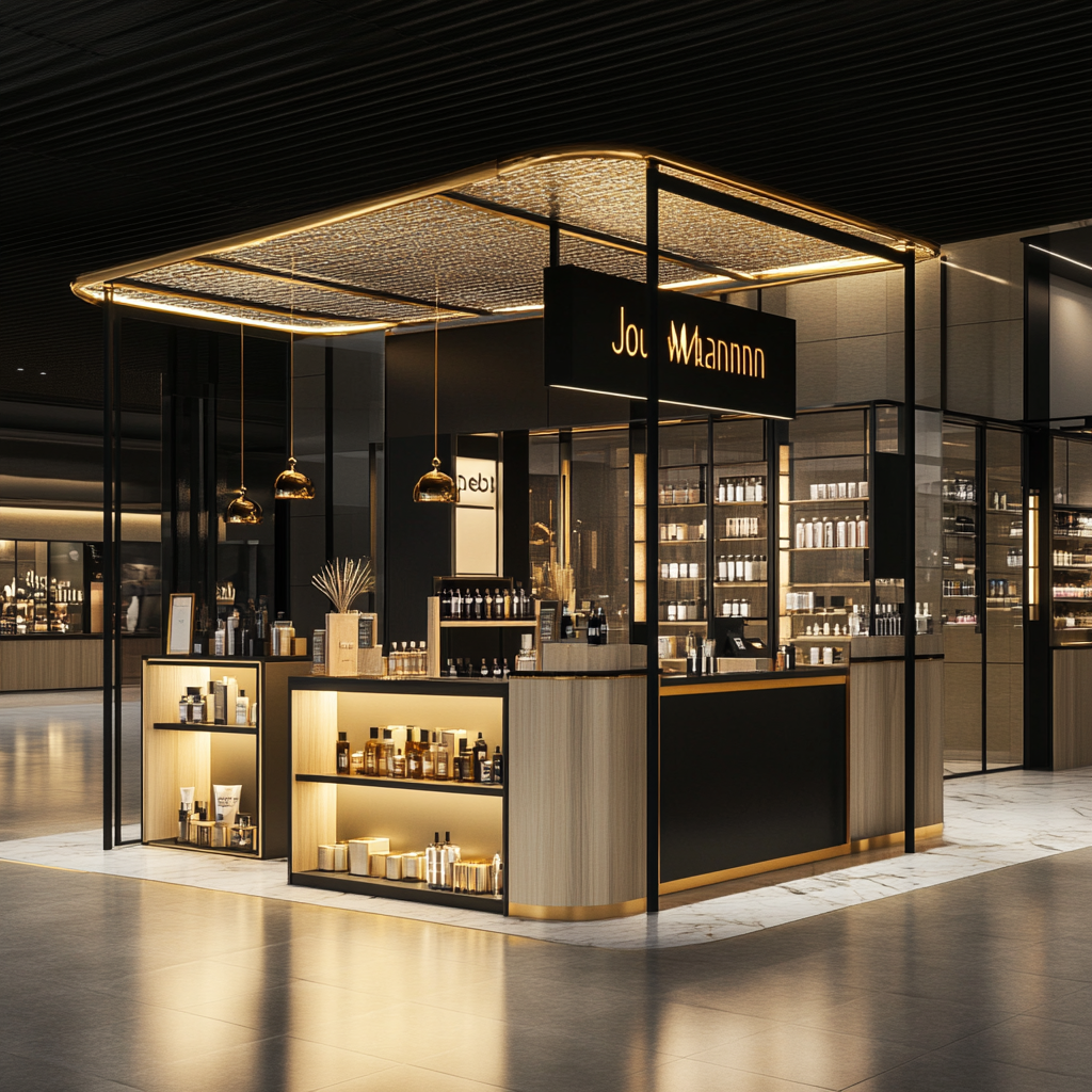 Modern, elegant kiosk for perfume brand in mall.