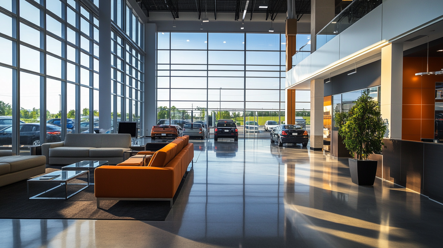 Modern, functional car dealership interior with clean lines, open areas.