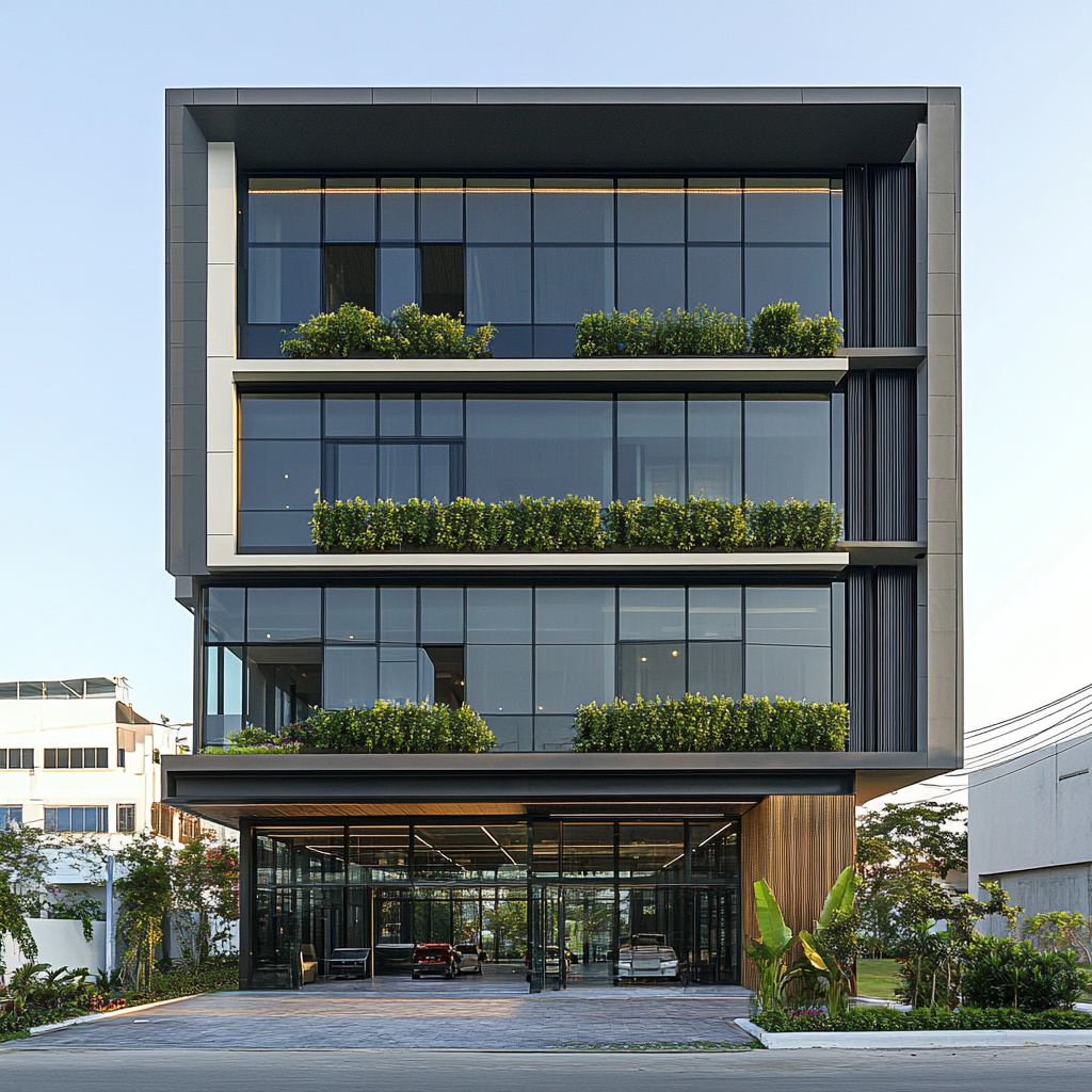 Modern 7-story building, 13m façade flanked by adjacents.