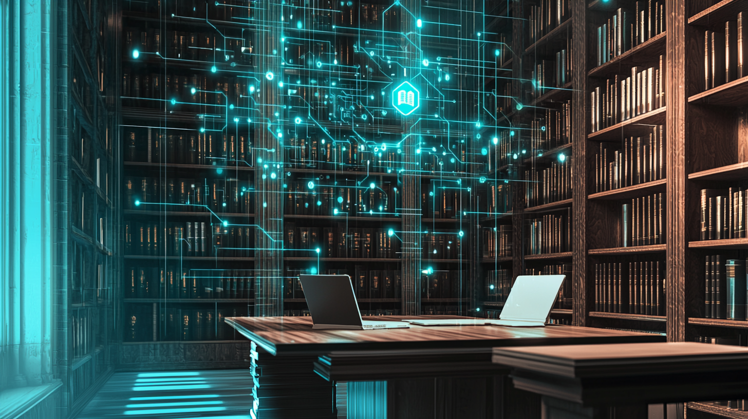 Modern Academic Workspace: Books, Data Analysis, AI Fusion