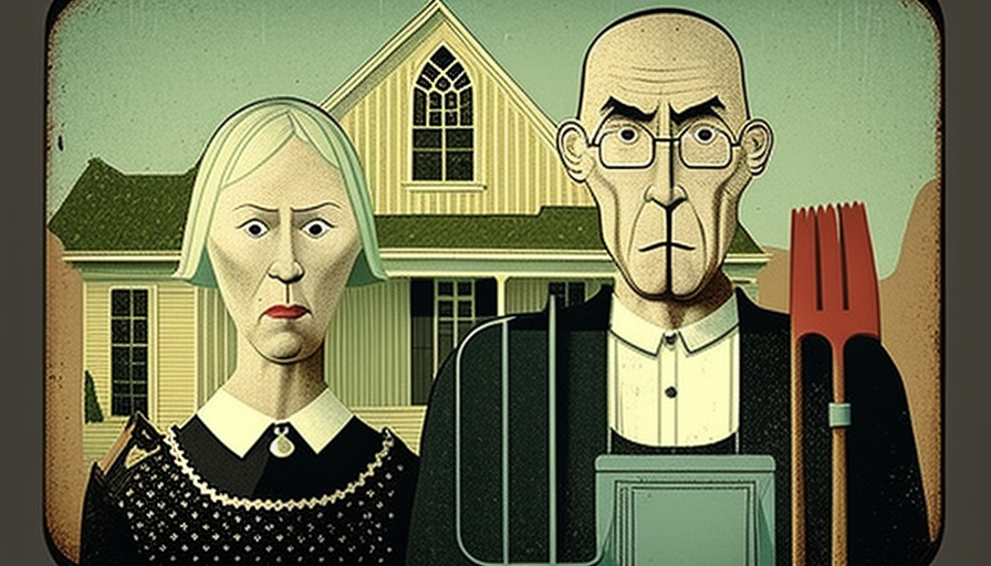 Modern American Gothic: Figures with digital tablet