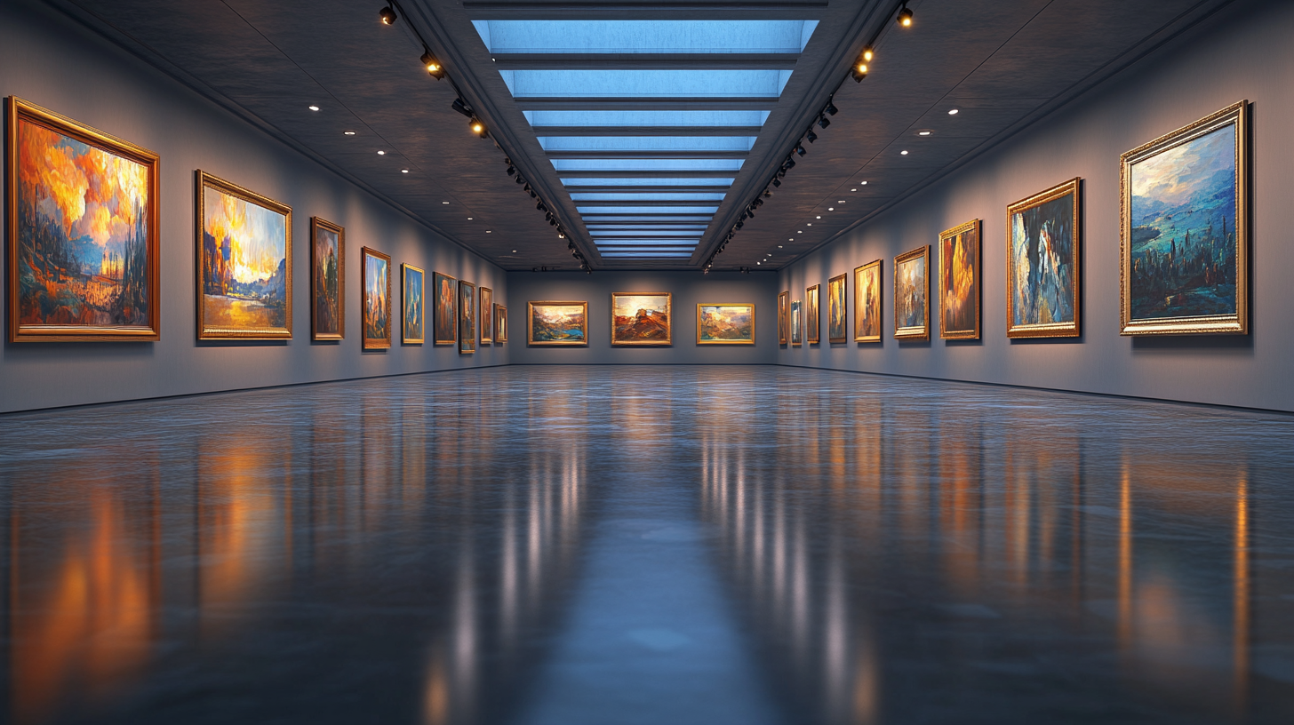 Modern Art Gallery with 45 Degree Perspective, Lights, Paintings, Divisions