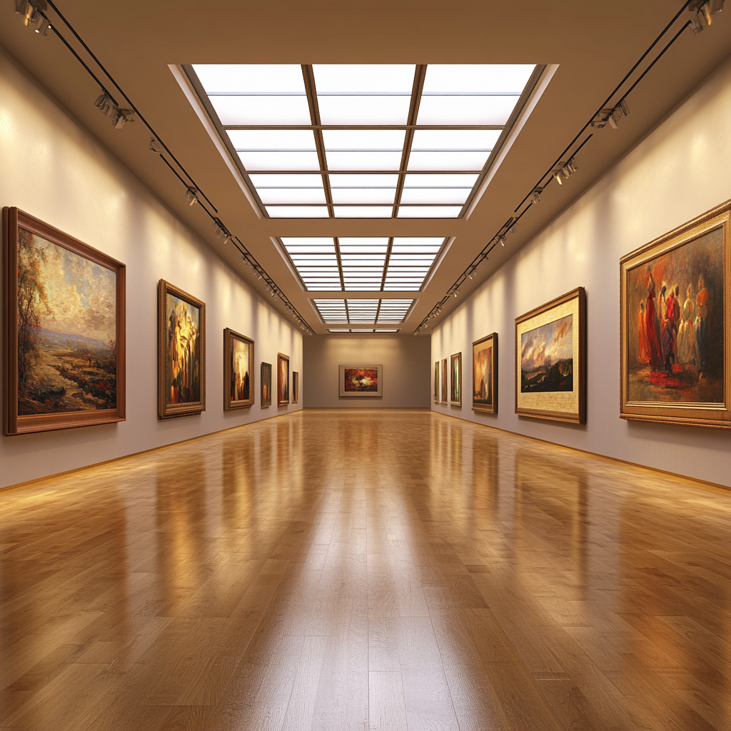 Modern Art Gallery with Divided Paintings, Cinematic 16:9视角