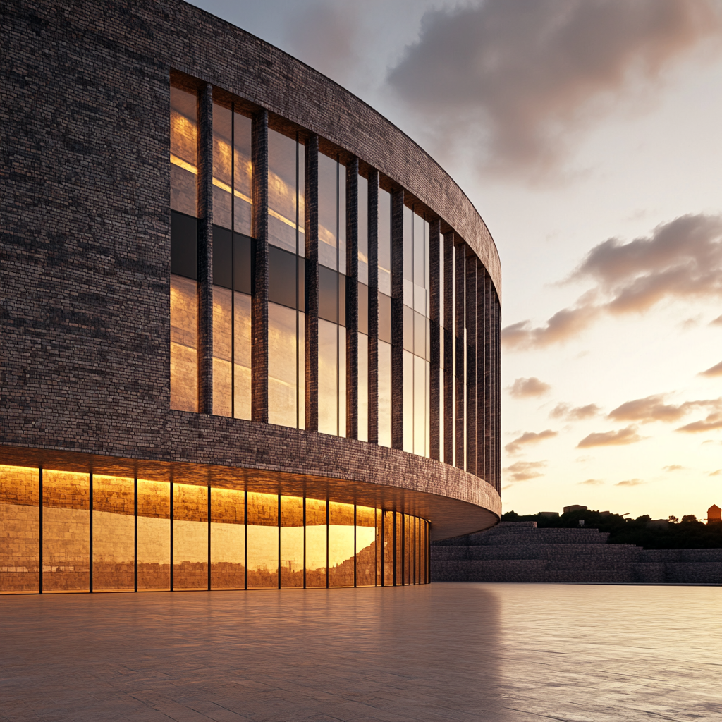 Modern Colosseum-inspired arena with glass windows at dusk