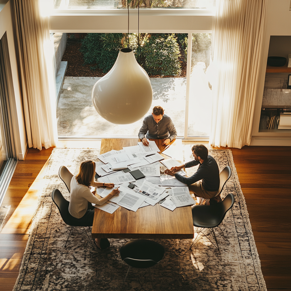 Modern Dining Room with People Overlooking Legal Papers 