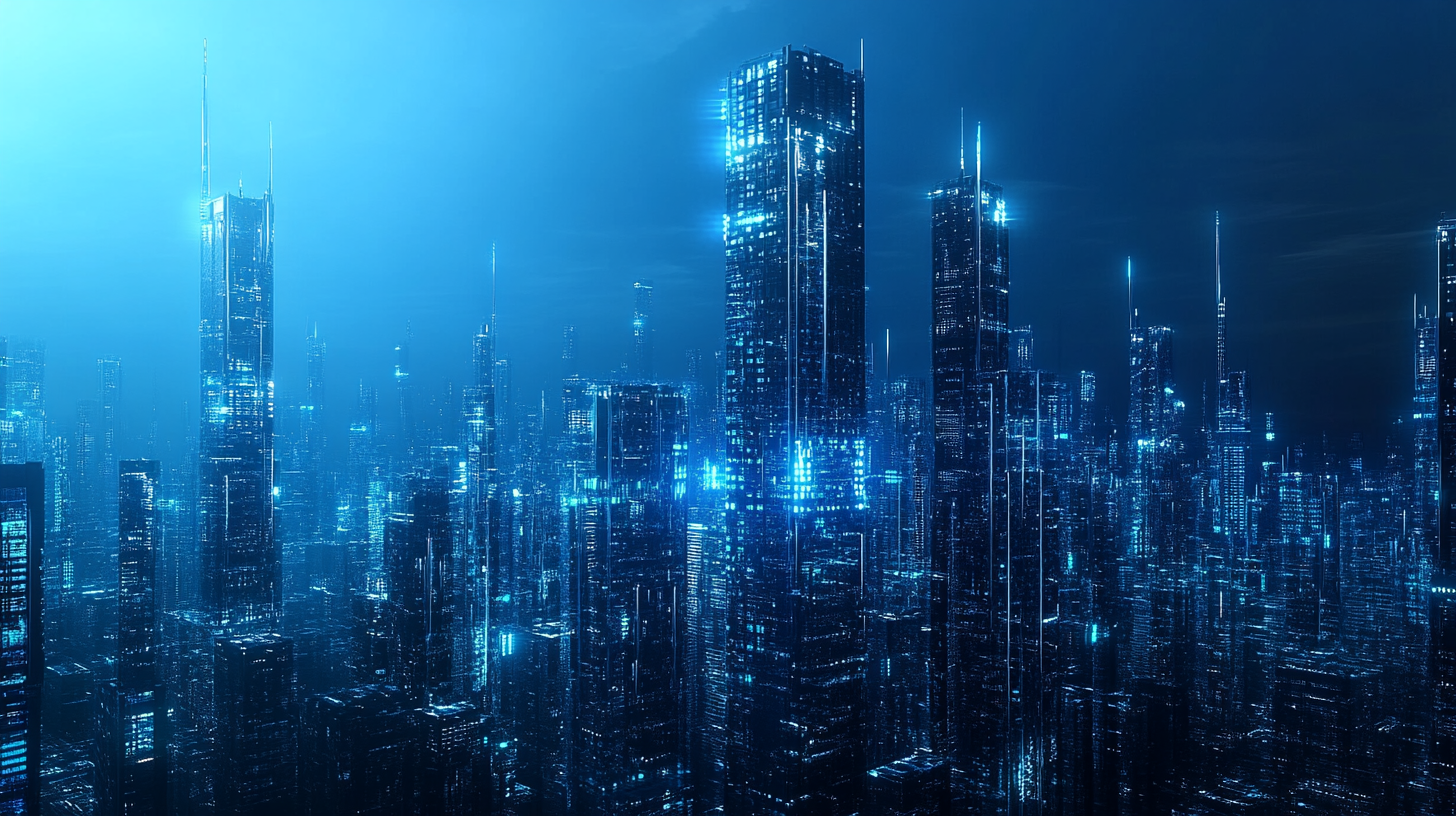 Modern Electric City with futuristic high-rise buildings, blue background.