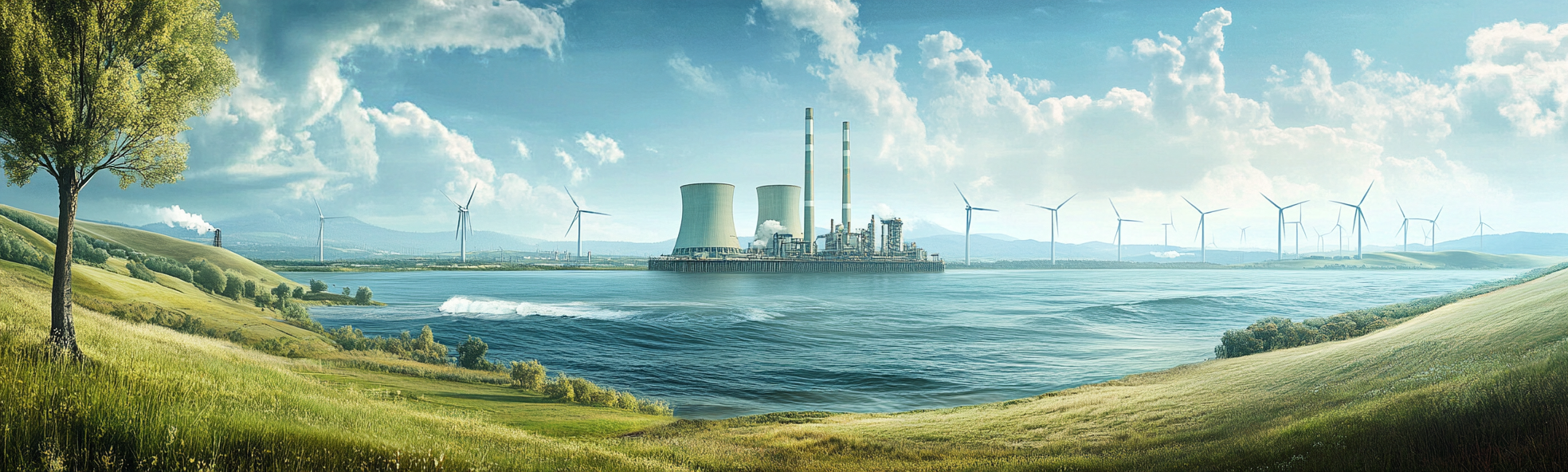 Modern Energy Landscape: Power Plants, Ocean Turbines, Oil Platform