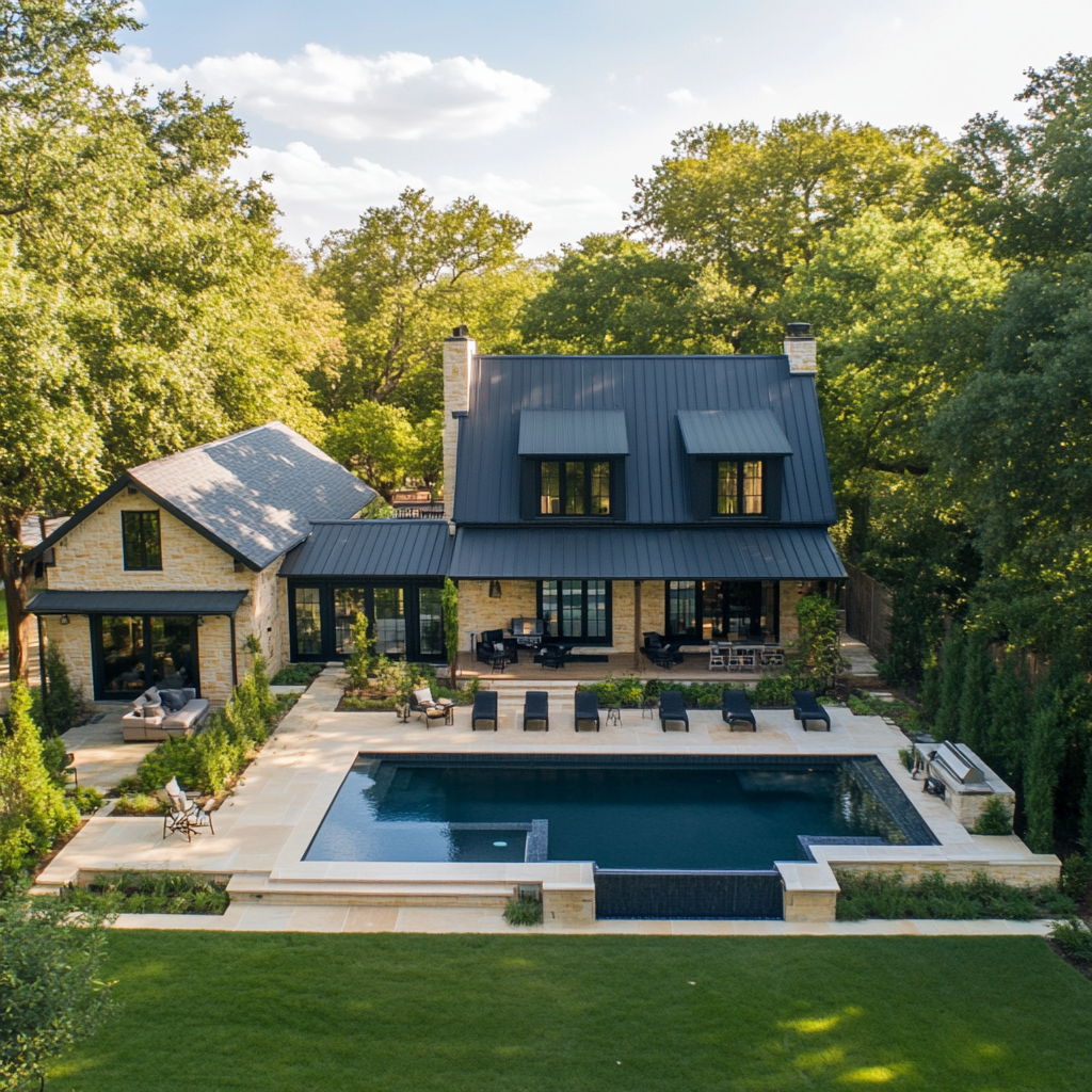 Modern Farmhouse Backyard with Pool and Patio Oasis