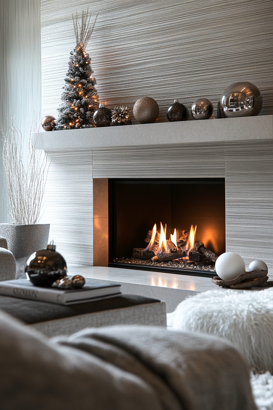 Modern Fireplace with Stylish Bauble Arrangement in Monochrome