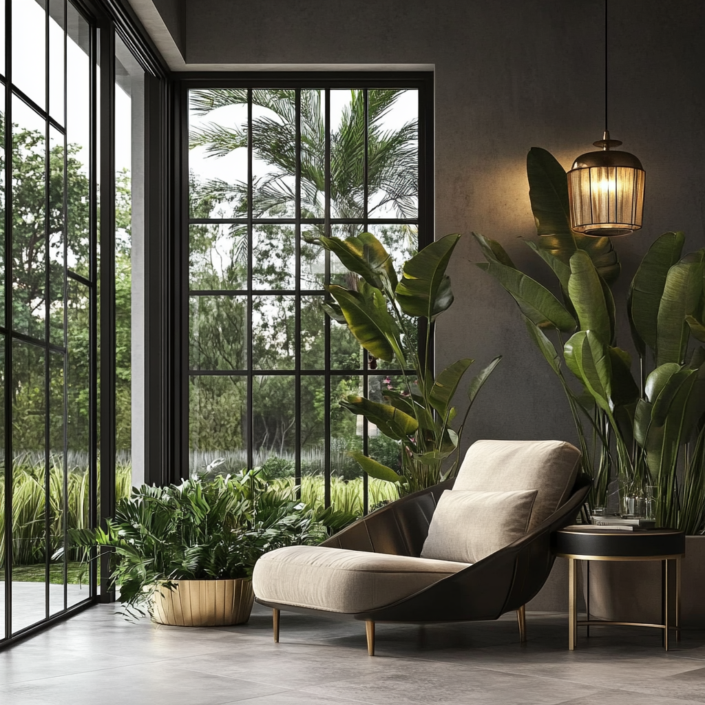 Modern French Style Terrace with Tropical Plants and Gold