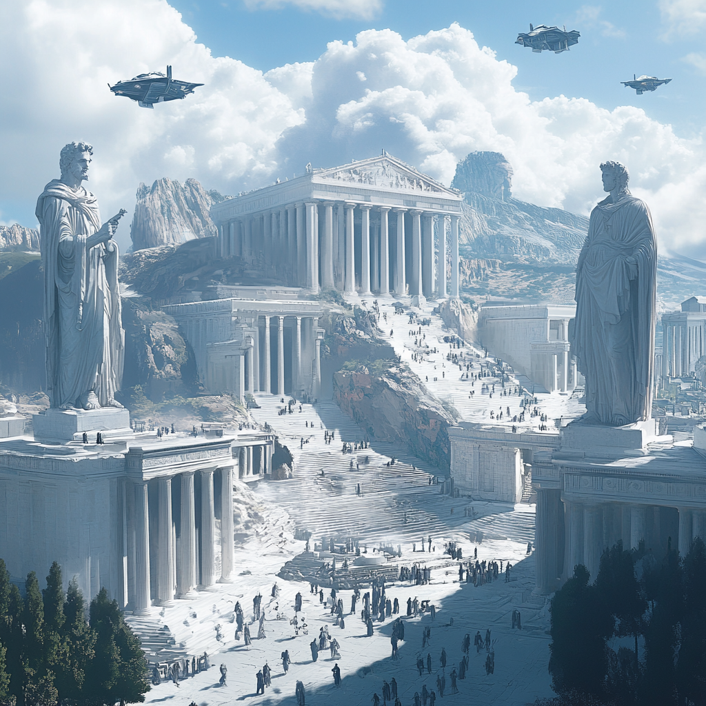 Modern Greek city with futuristic twist; white marble buildings, holographic projections, flying vehicles, digital discussions, statues, high-tech Parthenon.