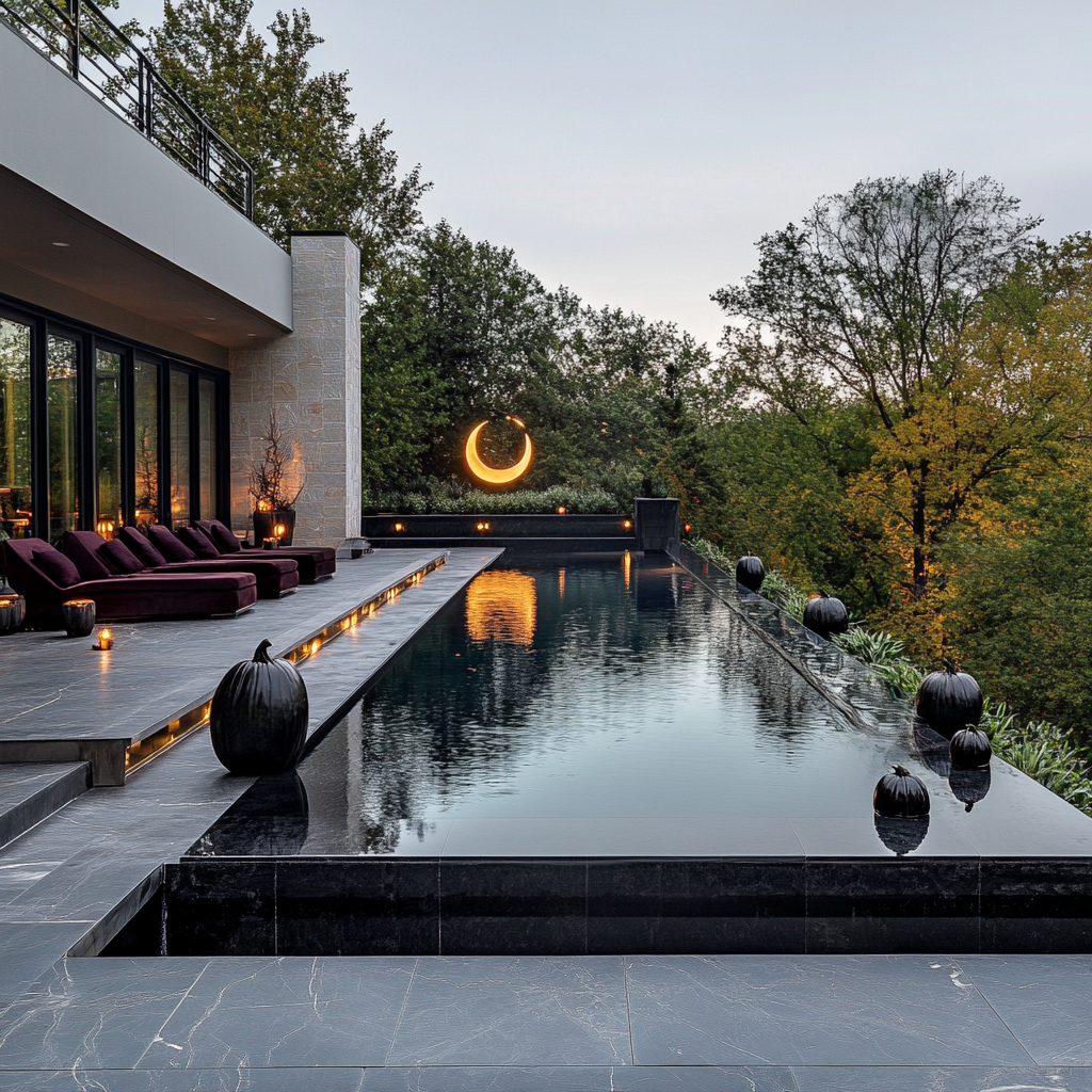 Modern Infinity Pool Oasis with Halloween Decor